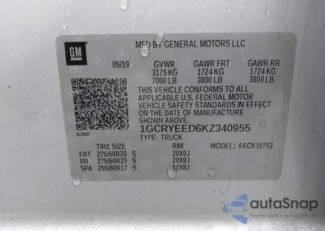 2019 Chevrolet Silverado 1500 Rst z USA, uszkodzony, nr VIN 1GCRYEED6KZ340955